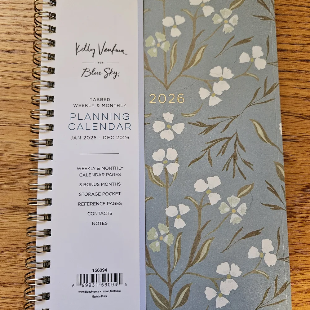 Kelly Ventura for Blue Sky 2026 Floral Planning Calendar - Blue & White